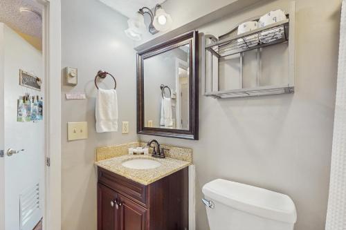 une salle de bain avec un lavabo, des toilettes et un miroir dans l'établissement Hemlock Nob F35, à Sugar Mountain