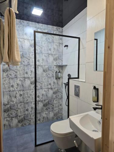 a bathroom with a shower and a toilet and a sink at Hotel Nutsa in old Tbilisi in Tbilisi City