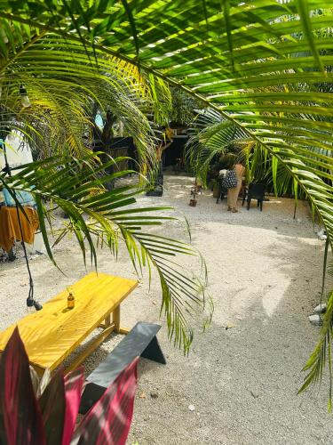 a wooden bench sitting on a beach with palm trees at Surf Paradise in Santa Teresa Beach