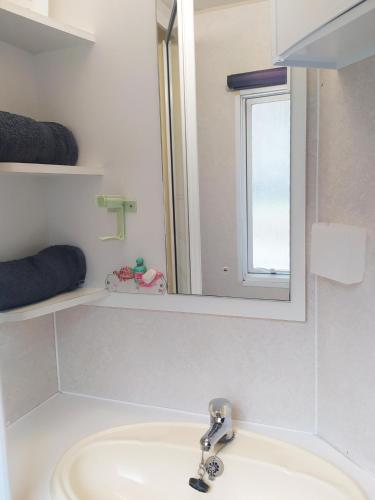 une salle de bain avec un lavabo et un miroir dans l'établissement Mobile-Home tout Confort à 25min de St Etienne et Annonay, à Saint-Sauveur-en-Rue