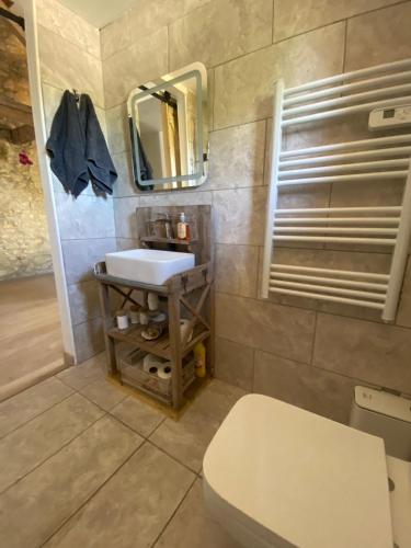 une salle de bain avec des toilettes blanches et un lavabo dans l'établissement La Petite Grand Maison près de Chauvigny, à Fleix