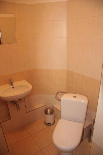 a bathroom with a toilet and a sink at Hostel 24 in Bydgoszcz