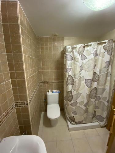 a bathroom with a toilet and a shower curtain at Capricho in Burunchel