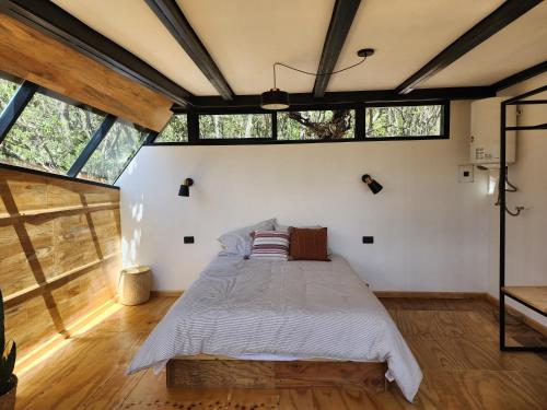 a bedroom with a bed in a room with windows at Cabaña Boreal, Punta del Bosque in Huasca de Ocampo