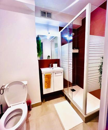 une salle de bain avec toilettes et douche dans l'établissement Beautiful apartment near Stade de France and Paris, à Saint-Denis