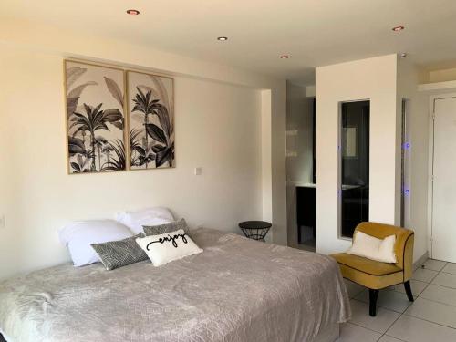 une chambre avec un grand lit et une chaise dans l'établissement Résidence Port Nature Colline 5 - Studio 2 personnes Port Nature Colline 5 MAE-5291, au Cap d'Agde