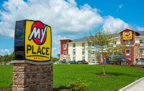a sign for my place hotel in front of a building at My Place Hotel-Mount Pleasant, WI in Mount Pleasant