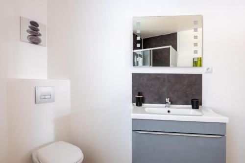 une salle de bain avec un lavabo et des toilettes dans l'établissement L'Aronnax - Maison -Jardin - Idéal Long Séjour, à Pont-de-Metz