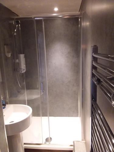 a bathroom with a shower and a sink at IVY- Braveheart Guest House in Edinburgh