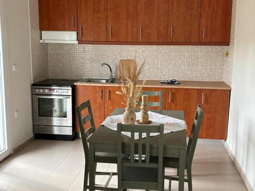 a kitchen with a table with chairs and a stove at Apartment 14 Lemnos in Kalliópi