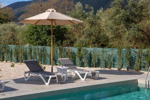 two chairs and an umbrella next to a pool at Valley House in Vasiliki