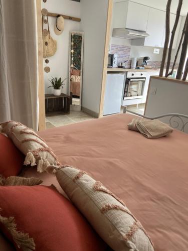 a bedroom with a large bed in a kitchen at Le Dolmen, charme sport et détente in Saint-Chels