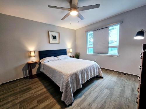 a bedroom with a bed and a ceiling fan at A charming villa with a spectacular pergola and patio in Edinburg