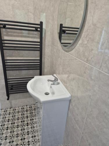 a bathroom with a white sink and a mirror at Farm View Lodge in Kilkenny