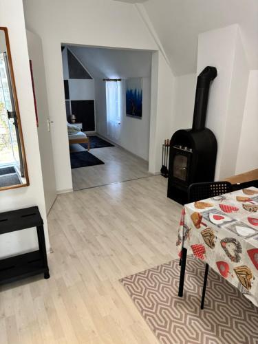 a room with a fireplace and a bed in a room at Andrei Ferienwohnung in Marktbreit