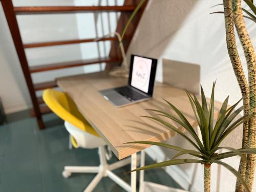 un ordinateur portable assis sur un bureau à côté d'une usine dans l'établissement Duplex lumineux à Compans - proche Capitole - metro, université à pied - wifi & entrée autonome, à Toulouse