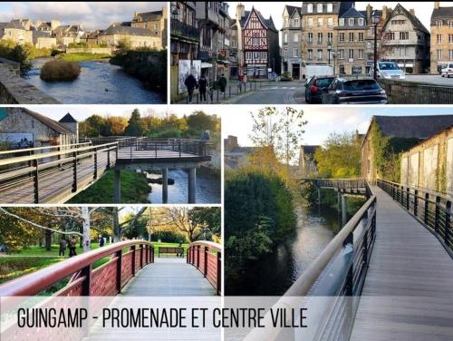 four pictures of a city with a bridge and buildings at Une parenthèse de charme gîte romantique in Pédernec
