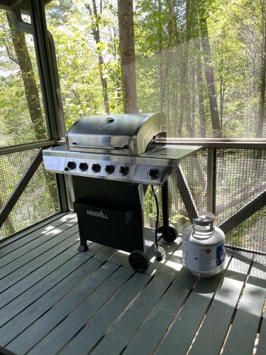 a grill sitting on a screened in porch at THE LEGEND OF ASKA- Blue Ridge Cabin, River & Mtn views, Hot Tub, Game room in Blue Ridge