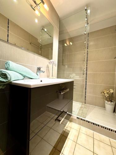 une salle de bain avec un lavabo et une douche dans l'établissement Les Petits Bateaux-Parking privé-Terrasse, à La Grande Motte