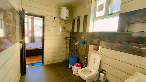 a small bathroom with a toilet and a window at Dhauladhar Vista in Pālampur