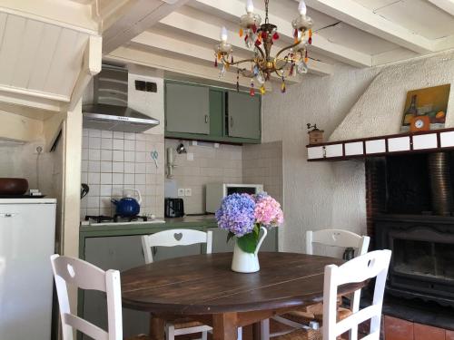 une cuisine avec une table avec un vase de fleurs dessus dans l'établissement Les Volets Verts, à Miraval-Cabardès
