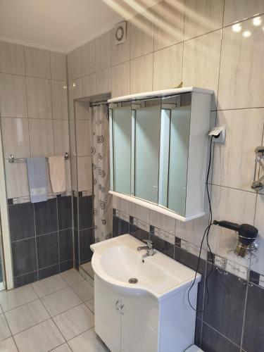 a bathroom with a sink and a mirror at VILA RUŽA - Grand apartman 2 in Soko Banja