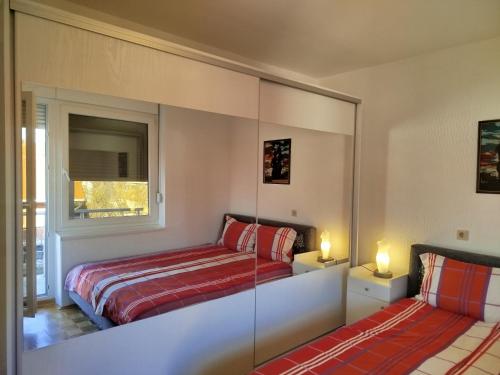 a bedroom with a bed and a window at VILA RUŽA - Grand apartman 2 in Soko Banja
