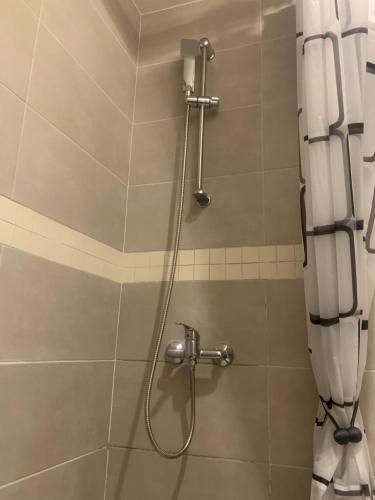 une douche avec un rideau de douche dans une salle de bain dans l'établissement Paris cosy Art, à Paris