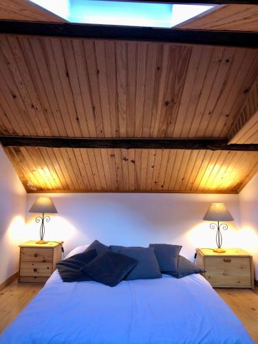 une chambre avec un grand lit avec un plafond en bois dans l'établissement Les Volets Verts, à Miraval-Cabardès