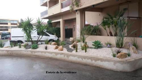 un jardin de plantes devant un bâtiment dans l'établissement Appartement de la Résidence du Golfe, au Golfe-Juan