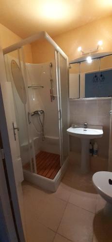 une salle de bain avec douche et lavabo dans l'établissement studio cabine La Cantarelle rez de chaussée, à Bandol