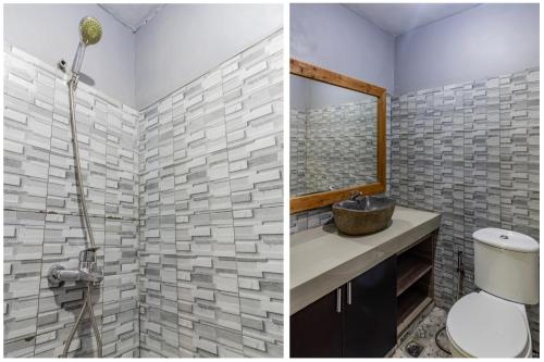 two pictures of a bathroom with a toilet and a sink at Belvilla Moksha Haven Pandawa BaliNearNirwana Garden Bali in Jembrana