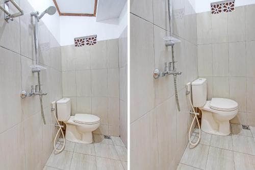 two pictures of a bathroom with a toilet and a sink at Hotel O Nayo Homestay Syariah in Yogyakarta