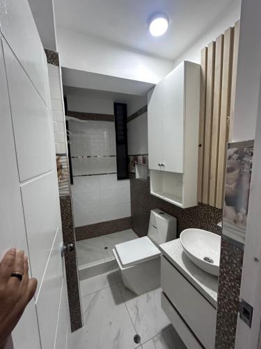 a bathroom with a toilet and a sink at Vale's Cottage in Huaraz