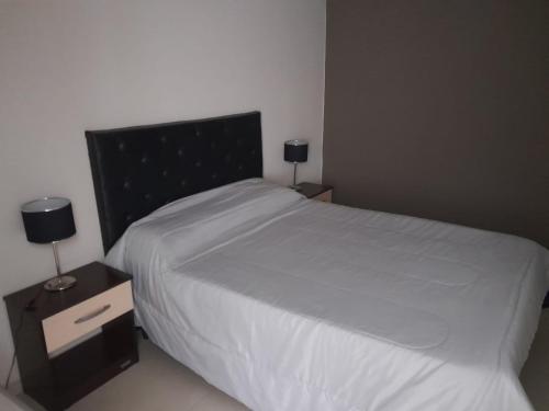 a bedroom with a large white bed with two lamps at COMPLEJO CRUZ in Alta Gracia