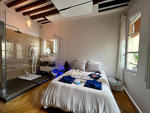 une chambre avec un lit et une douche en verre dans l'établissement Fantastique et Incroyable appartement Le Marais Paris, à Paris