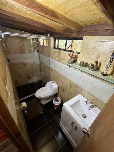 a small bathroom with a toilet and a sink at Finca Mi Fortuna - Con Piscina Privada y Vistas en La Mesa in La Mesa