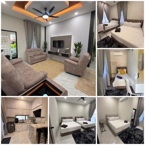 a collage of four pictures of a living room at Villa Daliya Private Pool Langkawi in Langkawi Intl