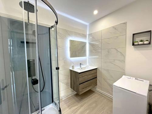 une salle de bain avec douche et lavabo dans l'établissement Superbe Duplex Proche Plage et Centre-ville - FR-1-646-87, à Berck-sur-Mer
