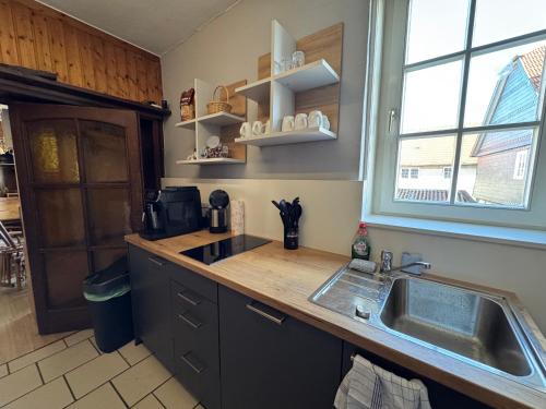 a kitchen with a sink and a counter top at Zur goldenen Krone Pension Stadtallendorf in Stadtallendorf