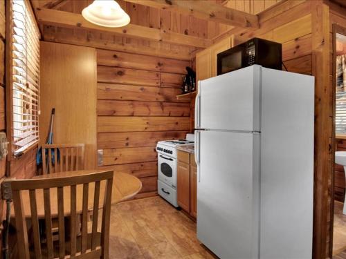 a kitchen with a white refrigerator and a stove at Cozy Cabin with Breathtaking Views near Dollywood in Pigeon Forge