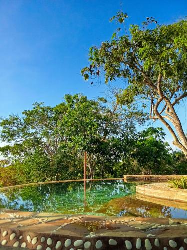 a fountain in a park with trees in the background at Utopia Rote Lodge in Nembrala