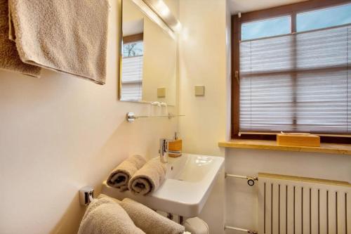 a bathroom with a sink and a mirror at Gästehaus Panorama - Appartement 1 in Reit im Winkl