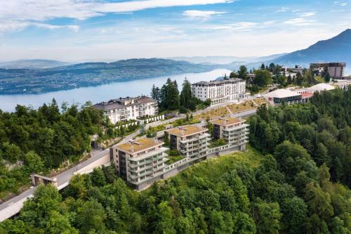 an aerial view of a town with a lake at Bürgenstock Residence Suites in Bürgenstock
