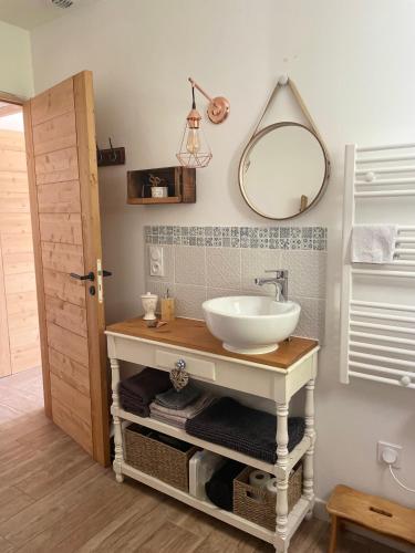 une salle de bain avec un lavabo et un miroir dans l'établissement Le nid du vallon, à Pomport
