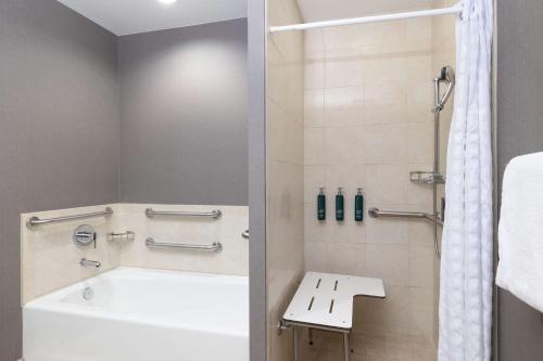 a bathroom with a tub and a toilet and a shower at Hilton Promenade Branson Landing in Branson