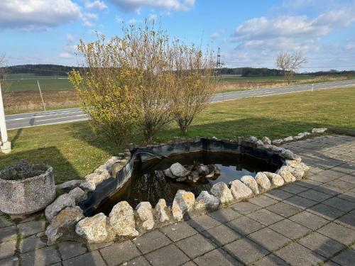 un piccolo stagno in mezzo a un campo di Chraštice a Chraštice