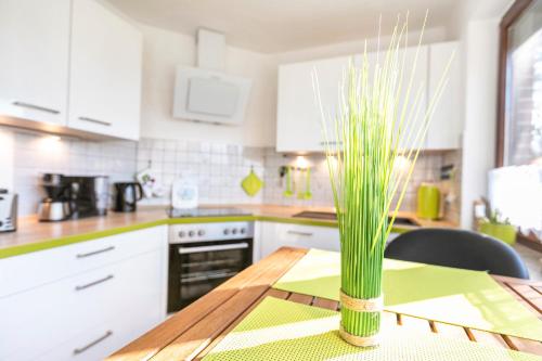 a kitchen with a table with a green plant on it at Ferienhaus Am Nord-Ostsee-Kanal in Oldenbüttel