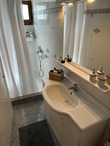 a bathroom with a sink and a shower with a mirror at Calliope's house in Skiros