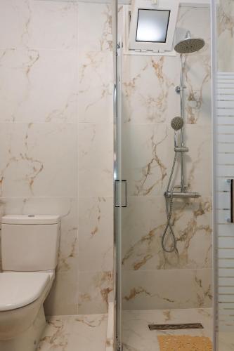 a bathroom with a glass shower with a toilet at Bebis House in Prosílion